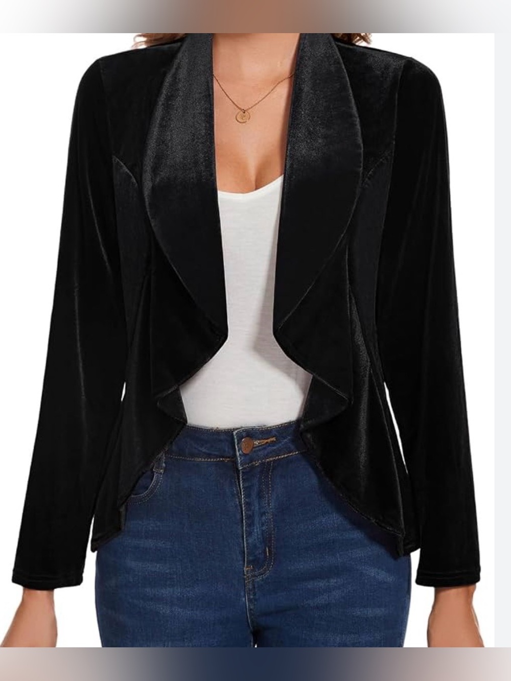 Fashion to Figure size 1* (1X) Black Velvet Draped Open Front Blazer